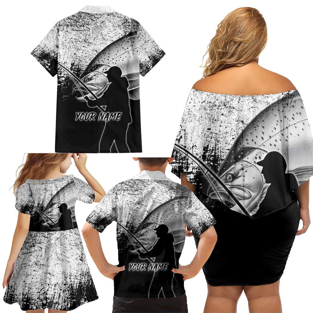 Custom Black and White King Salmon Fishing Family Matching Off Shoulder Short Dress and Hawaiian Shirt with Trout Fish Design Black and White Grunge Style - Wonder Print Shop