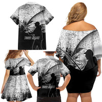 Custom Black and White King Salmon Fishing Family Matching Off Shoulder Short Dress and Hawaiian Shirt with Trout Fish Design Black and White Grunge Style - Wonder Print Shop