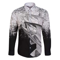 Custom Black and White King Salmon Fishing Family Matching Off Shoulder Short Dress and Hawaiian Shirt with Trout Fish Design Black and White Grunge Style - Wonder Print Shop