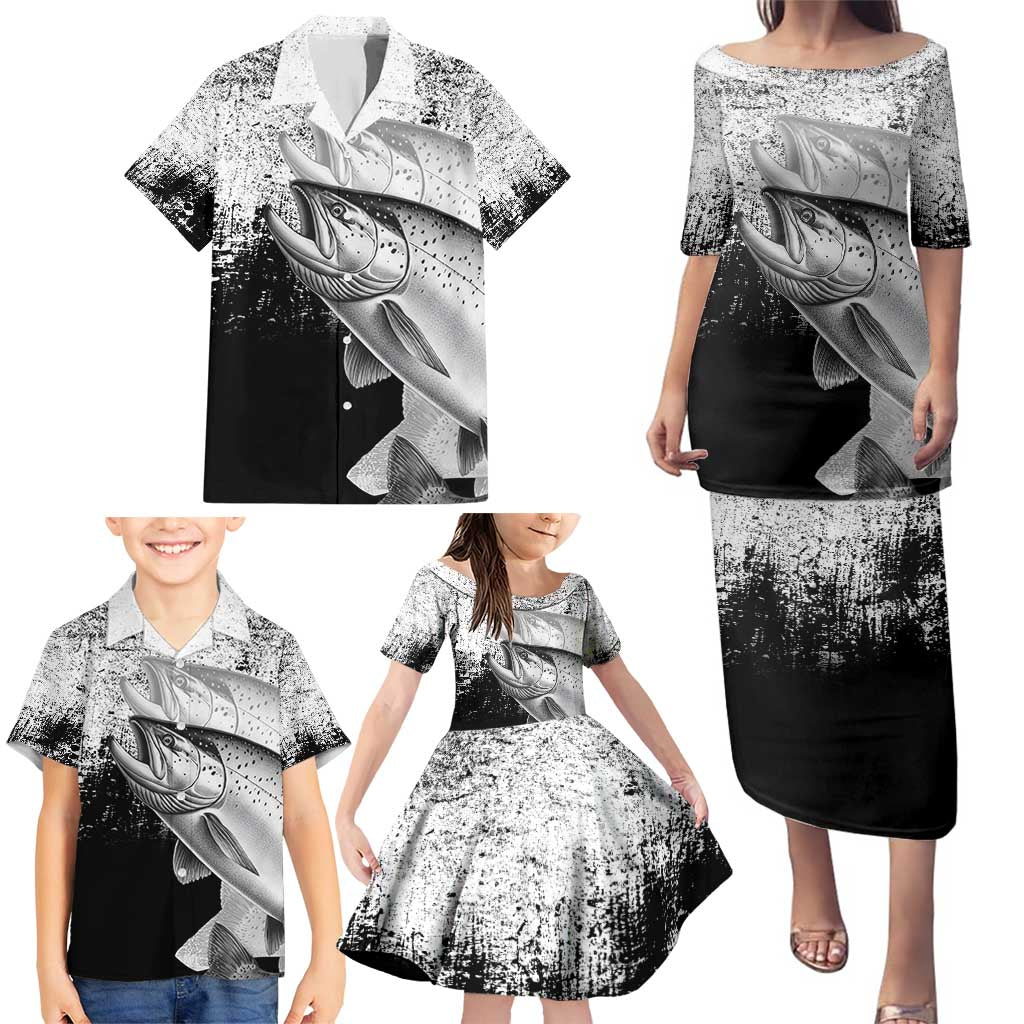 Custom Black and White King Salmon Fishing Family Matching Puletasi and Hawaiian Shirt with Trout Fish Design Black and White Grunge Style - Wonder Print Shop
