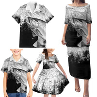 Custom Black and White King Salmon Fishing Family Matching Puletasi and Hawaiian Shirt with Trout Fish Design Black and White Grunge Style - Wonder Print Shop