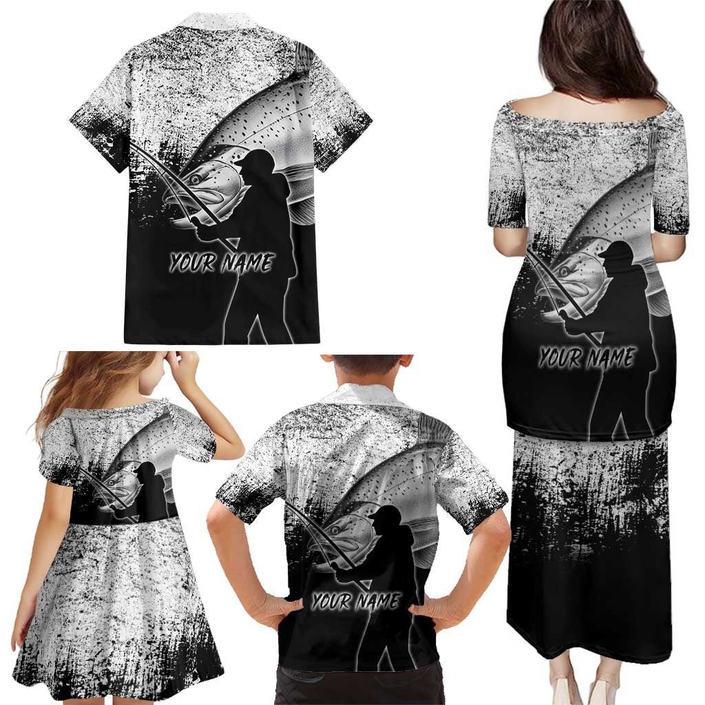 Custom Black and White King Salmon Fishing Family Matching Puletasi and Hawaiian Shirt with Trout Fish Design Black and White Grunge Style - Wonder Print Shop