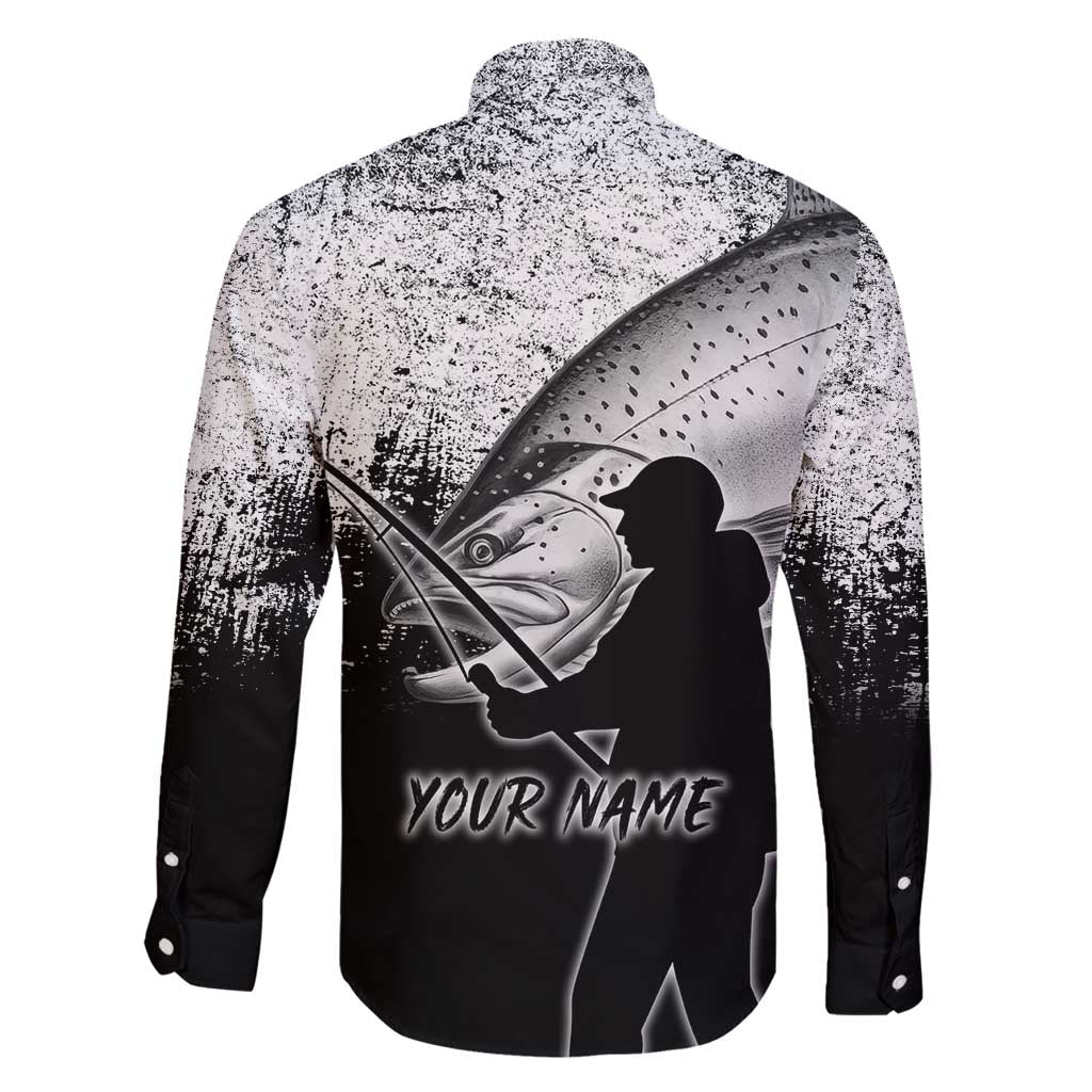 Custom Black and White King Salmon Fishing Family Matching Puletasi and Hawaiian Shirt with Trout Fish Design Black and White Grunge Style - Wonder Print Shop