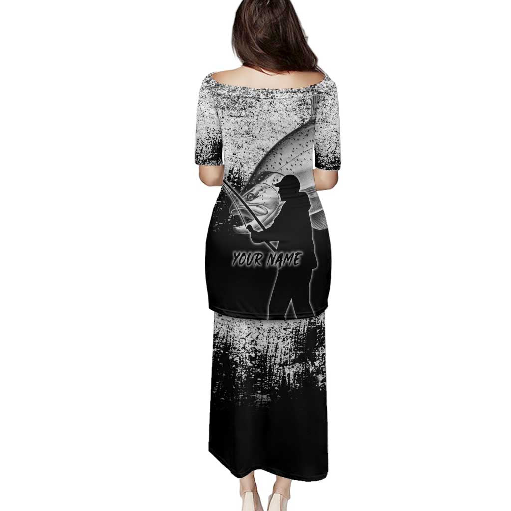 Custom Black and White King Salmon Fishing Family Matching Puletasi and Hawaiian Shirt with Trout Fish Design Black and White Grunge Style - Wonder Print Shop