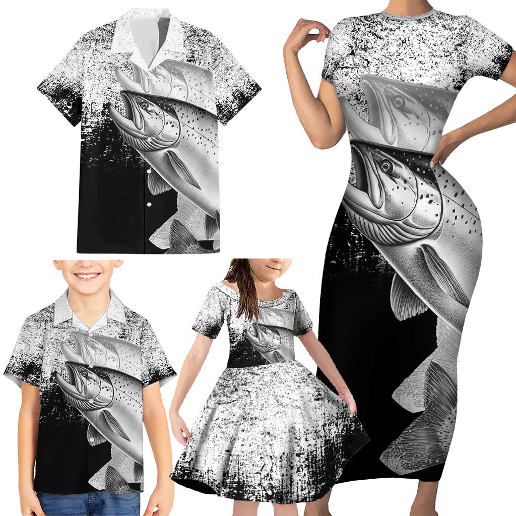 Custom Black and White King Salmon Fishing Family Matching Short Sleeve Bodycon Dress and Hawaiian Shirt with Trout Fish Design Black and White Grunge Style - Wonder Print Shop