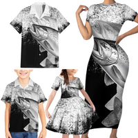 Custom Black and White King Salmon Fishing Family Matching Short Sleeve Bodycon Dress and Hawaiian Shirt with Trout Fish Design Black and White Grunge Style - Wonder Print Shop