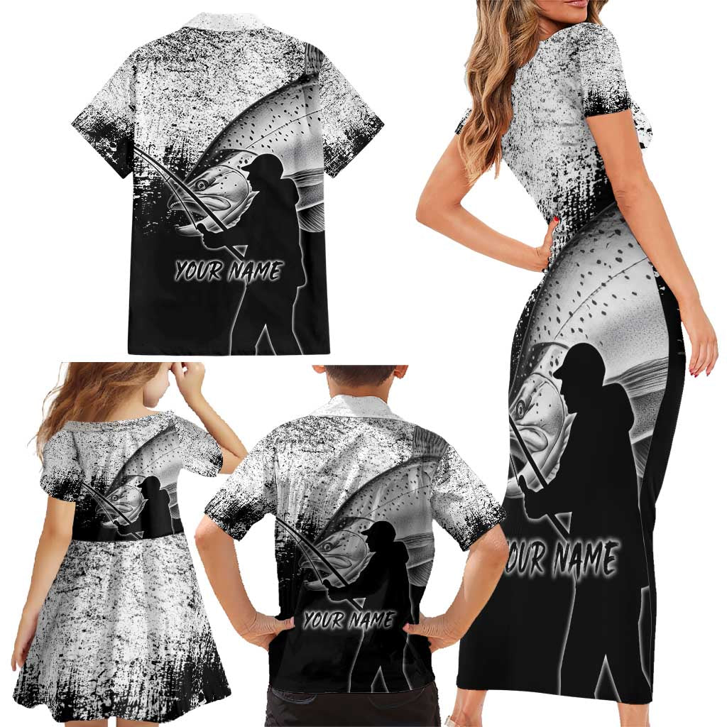 Custom Black and White King Salmon Fishing Family Matching Short Sleeve Bodycon Dress and Hawaiian Shirt with Trout Fish Design Black and White Grunge Style - Wonder Print Shop