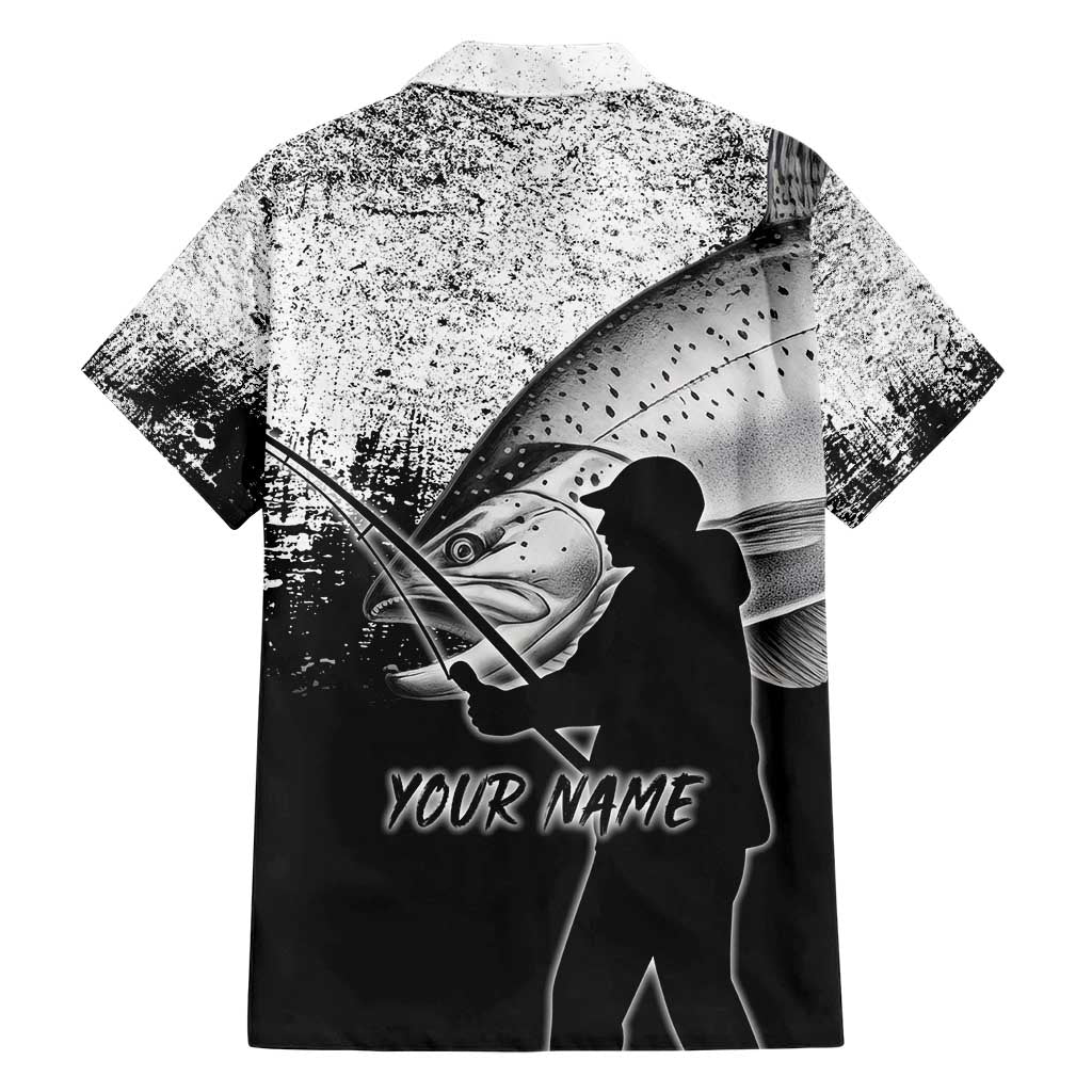Custom Black and White King Salmon Fishing Family Matching Short Sleeve Bodycon Dress and Hawaiian Shirt with Trout Fish Design Black and White Grunge Style - Wonder Print Shop
