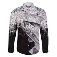 Custom Black and White King Salmon Fishing Family Matching Short Sleeve Bodycon Dress and Hawaiian Shirt with Trout Fish Design Black and White Grunge Style - Wonder Print Shop