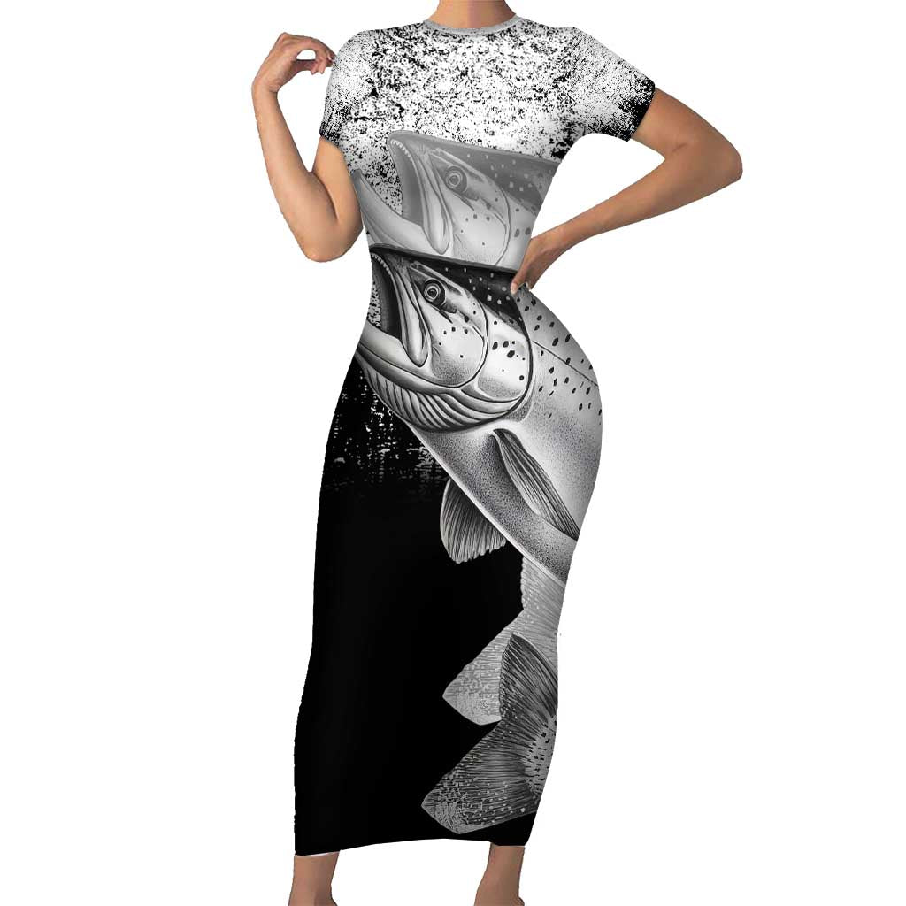 Custom Black and White King Salmon Fishing Family Matching Short Sleeve Bodycon Dress and Hawaiian Shirt with Trout Fish Design Black and White Grunge Style - Wonder Print Shop