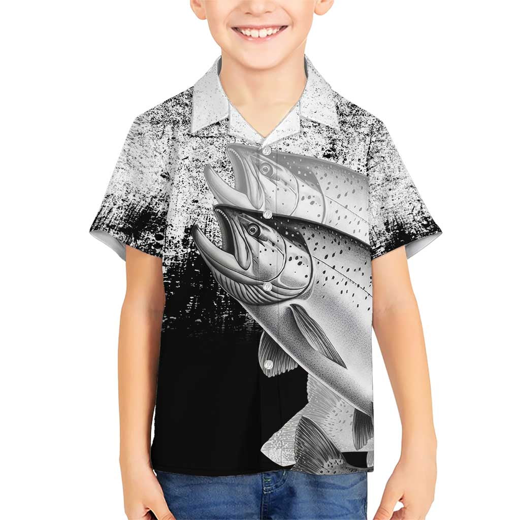 Custom Black and White King Salmon Fishing Family Matching Short Sleeve Bodycon Dress and Hawaiian Shirt with Trout Fish Design Black and White Grunge Style - Wonder Print Shop