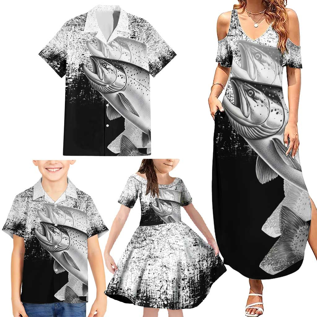 Custom Black and White King Salmon Fishing Family Matching Summer Maxi Dress and Hawaiian Shirt with Trout Fish Design Black and White Grunge Style - Wonder Print Shop