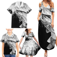 Custom Black and White King Salmon Fishing Family Matching Summer Maxi Dress and Hawaiian Shirt with Trout Fish Design Black and White Grunge Style - Wonder Print Shop