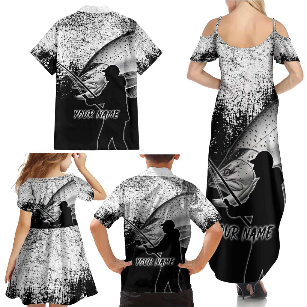 Custom Black and White King Salmon Fishing Family Matching Summer Maxi Dress and Hawaiian Shirt with Trout Fish Design Black and White Grunge Style - Wonder Print Shop