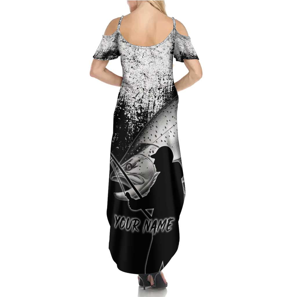 Custom Black and White King Salmon Fishing Family Matching Summer Maxi Dress and Hawaiian Shirt with Trout Fish Design Black and White Grunge Style - Wonder Print Shop