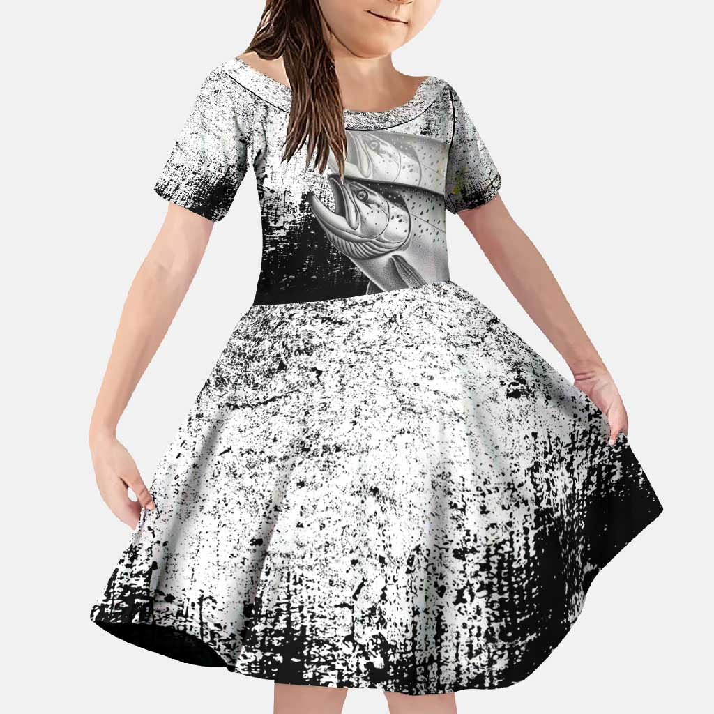 Custom Black and White King Salmon Fishing Family Matching Tank Maxi Dress and Hawaiian Shirt with Trout Fish Design Black and White Grunge Style - Wonder Print Shop