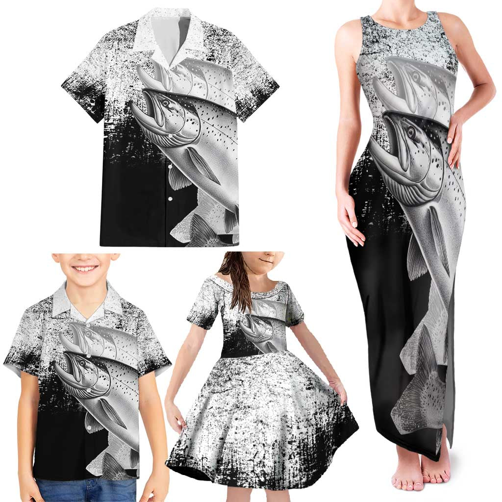 Custom Black and White King Salmon Fishing Family Matching Tank Maxi Dress and Hawaiian Shirt with Trout Fish Design Black and White Grunge Style - Wonder Print Shop
