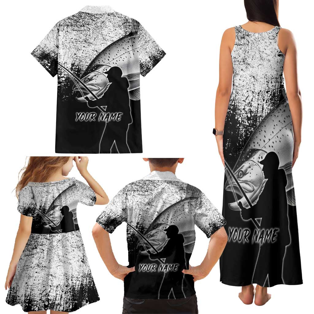 Custom Black and White King Salmon Fishing Family Matching Tank Maxi Dress and Hawaiian Shirt with Trout Fish Design Black and White Grunge Style - Wonder Print Shop