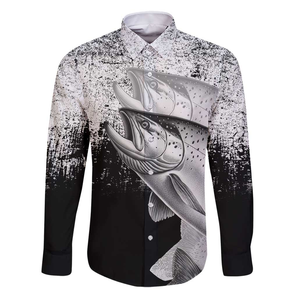 Custom Black and White King Salmon Fishing Family Matching Tank Maxi Dress and Hawaiian Shirt with Trout Fish Design Black and White Grunge Style - Wonder Print Shop