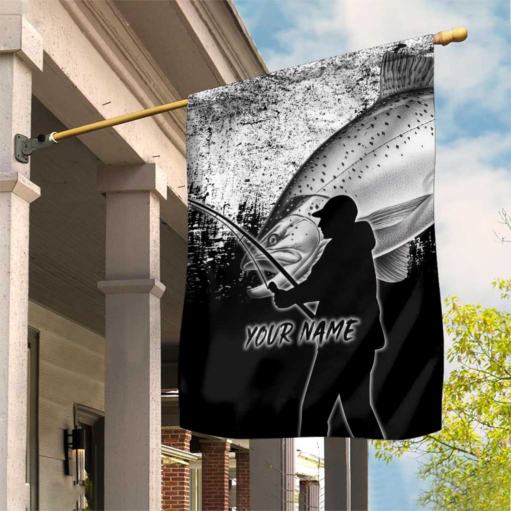Custom Black and White King Salmon Fishing Garden Flag with Trout Fish Design Black and White Grunge Style - Wonder Print Shop