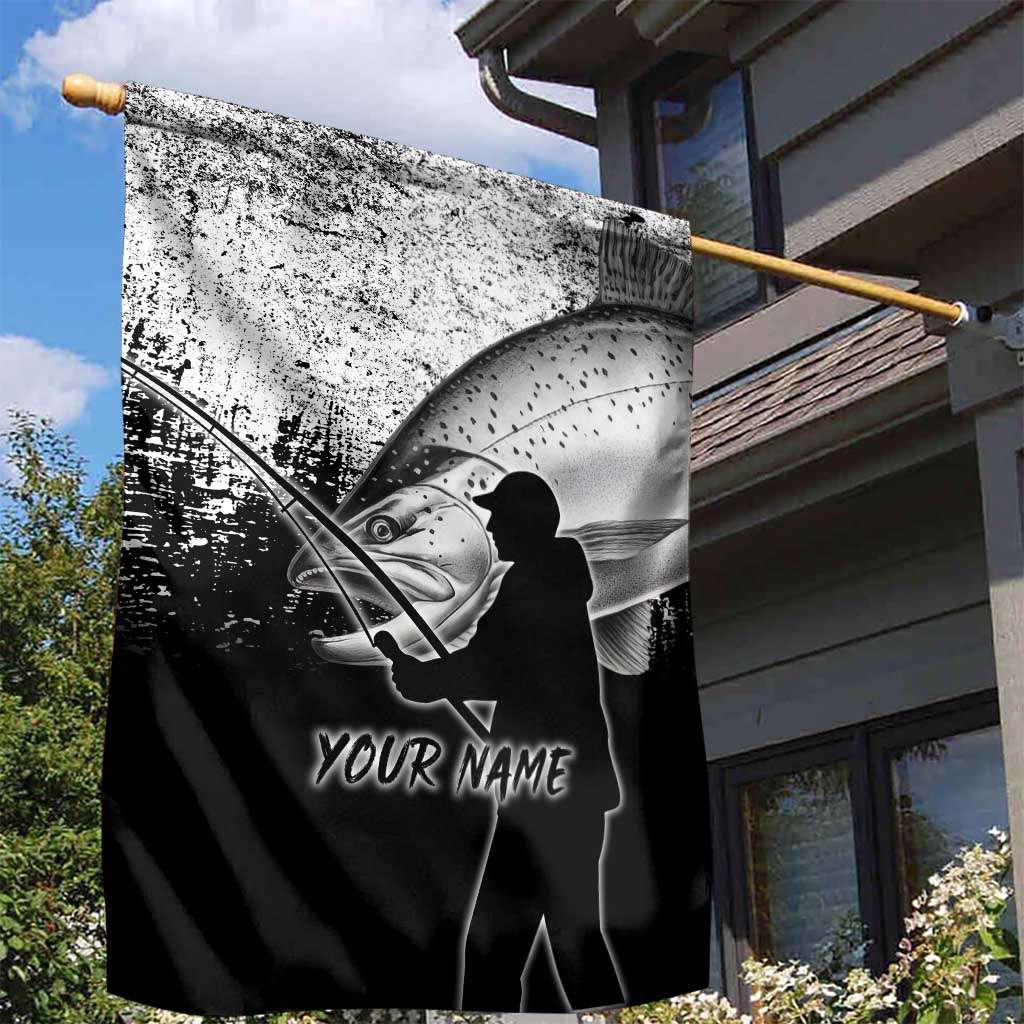 Custom Black and White King Salmon Fishing Garden Flag with Trout Fish Design Black and White Grunge Style - Wonder Print Shop