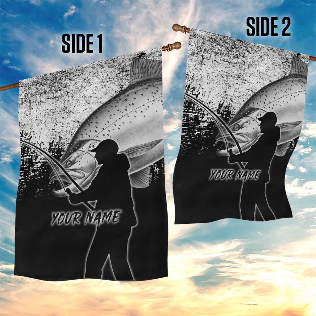 Custom Black and White King Salmon Fishing Garden Flag with Trout Fish Design Black and White Grunge Style - Wonder Print Shop