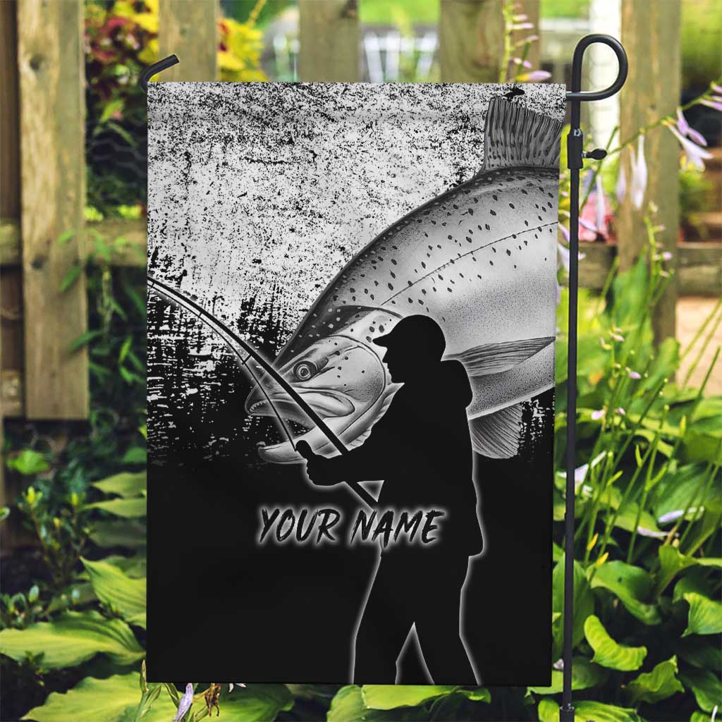 Custom Black and White King Salmon Fishing Garden Flag with Trout Fish Design Black and White Grunge Style - Wonder Print Shop