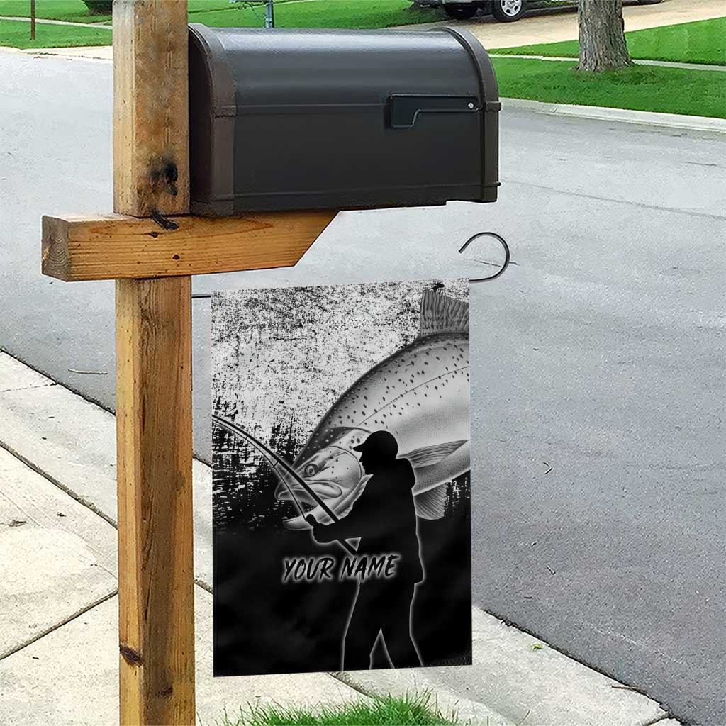 Custom Black and White King Salmon Fishing Garden Flag with Trout Fish Design Black and White Grunge Style - Wonder Print Shop