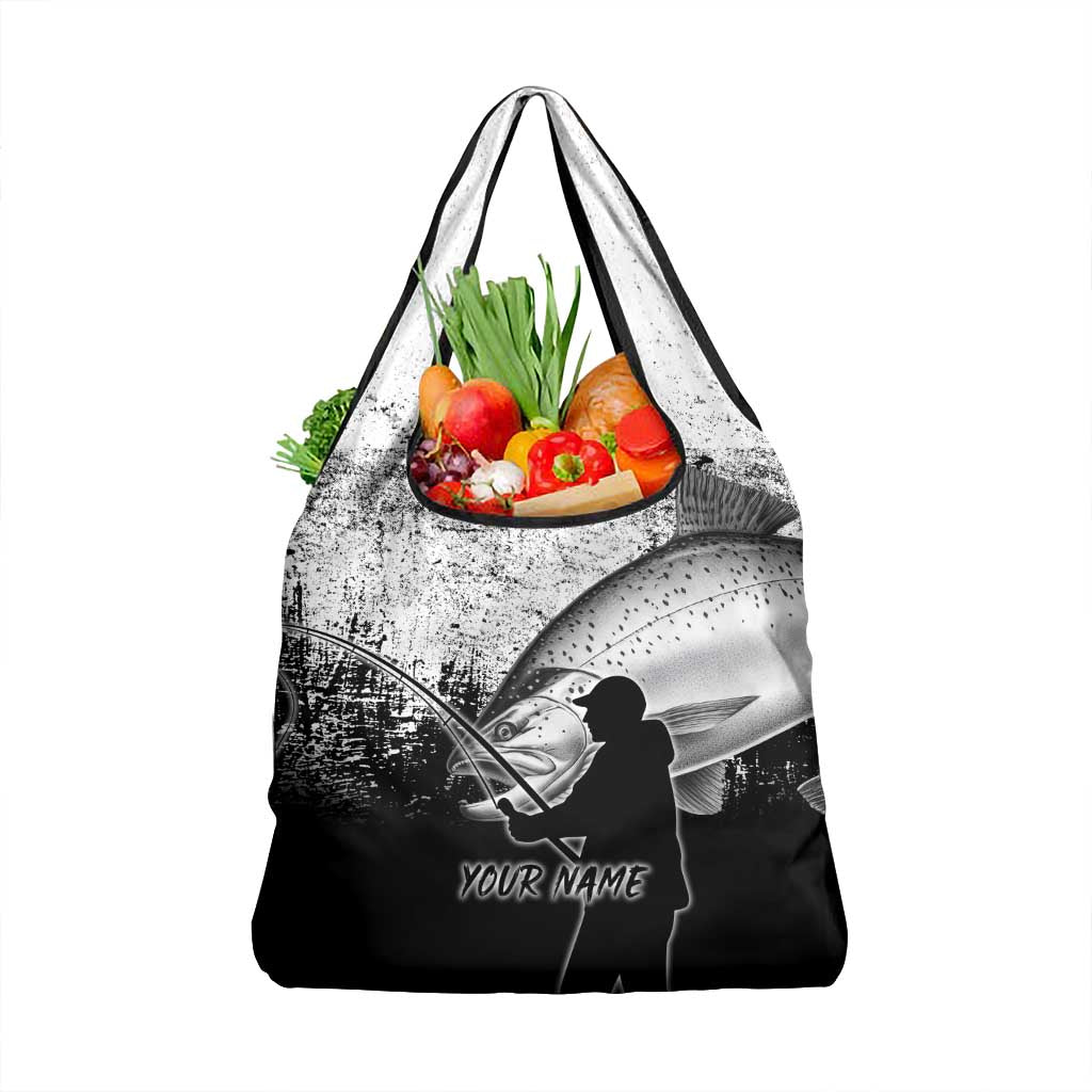 Custom Black and White King Salmon Fishing Grocery Bag with Trout Fish Design Black and White Grunge Style - Wonder Print Shop