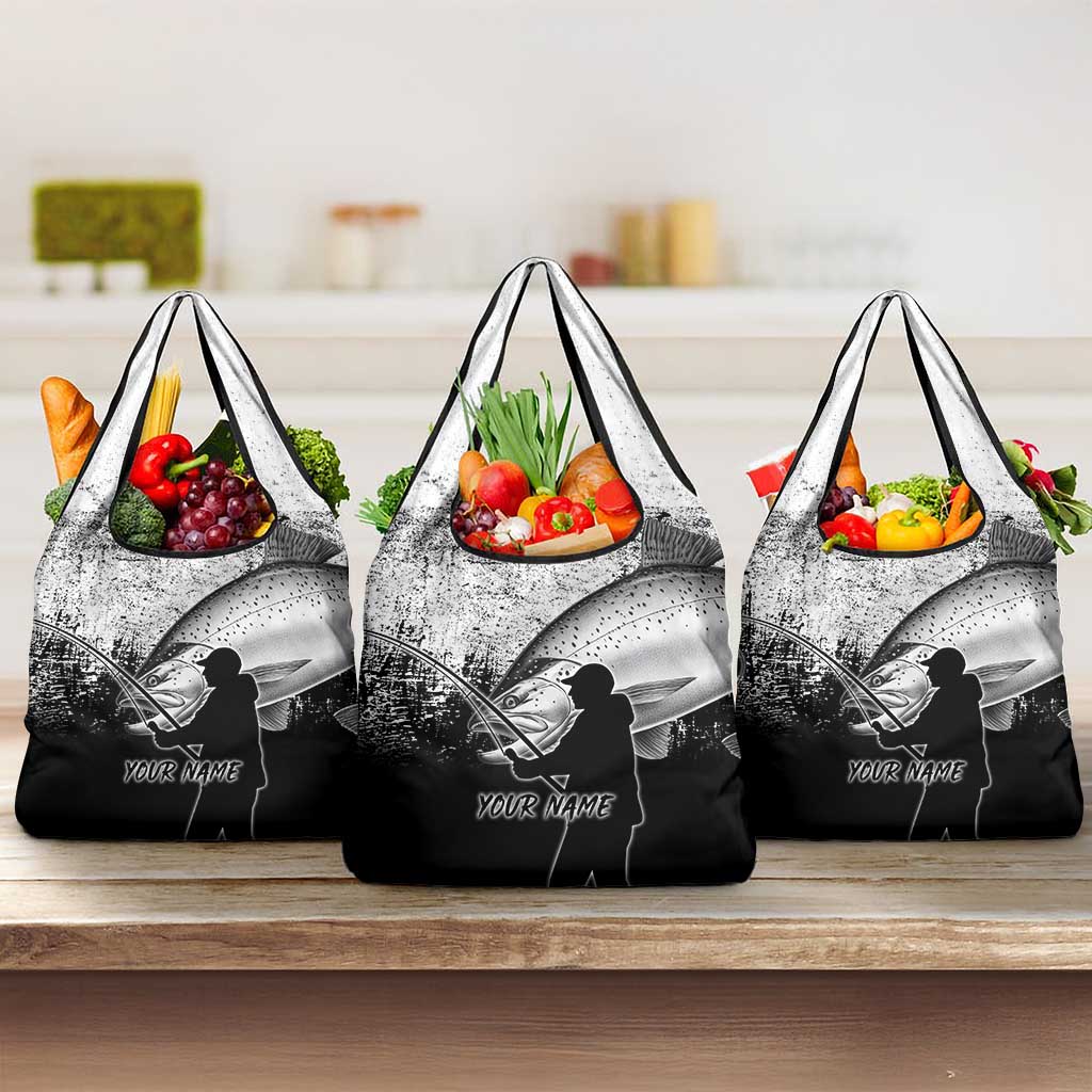 Custom Black and White King Salmon Fishing Grocery Bag with Trout Fish Design Black and White Grunge Style - Wonder Print Shop
