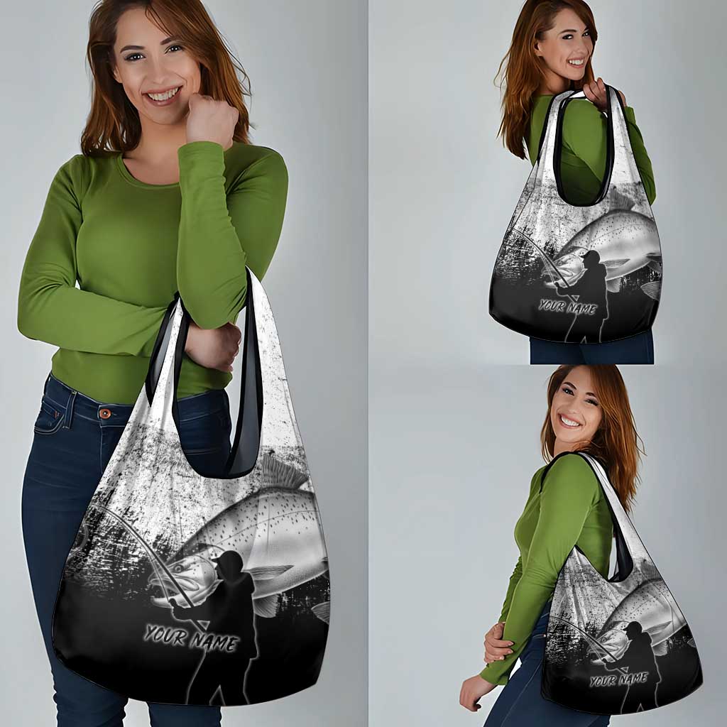 Custom Black and White King Salmon Fishing Grocery Bag with Trout Fish Design Black and White Grunge Style - Wonder Print Shop