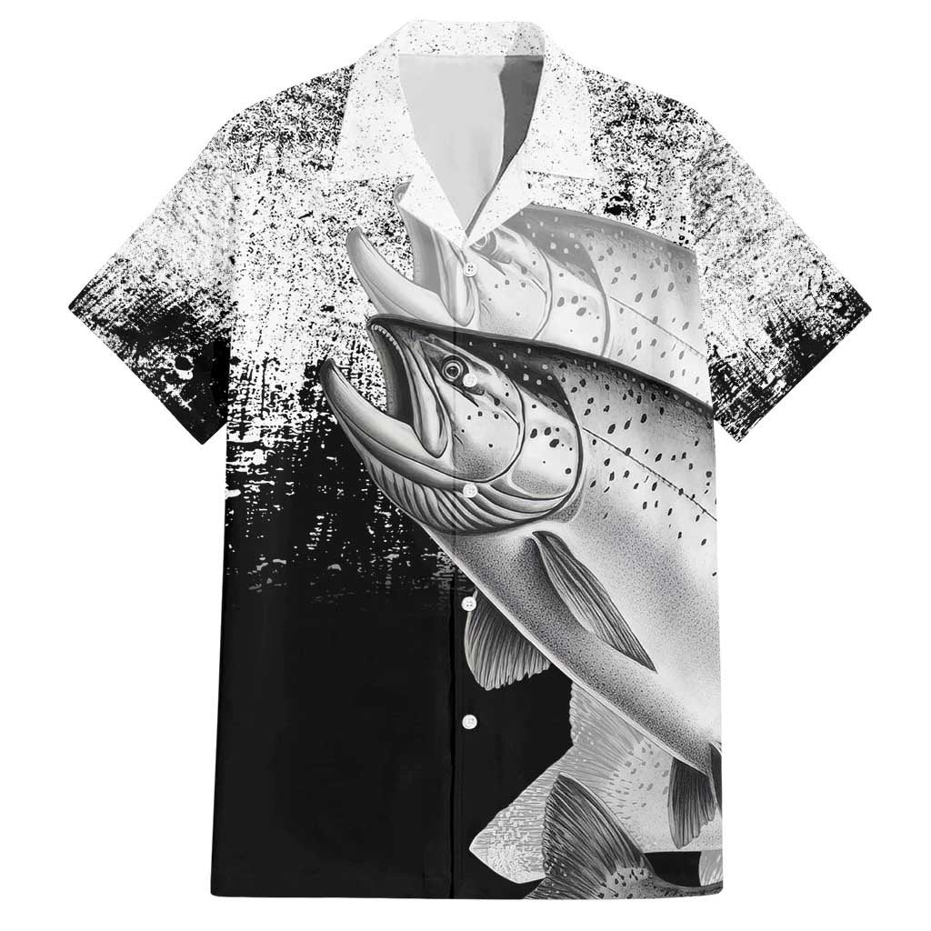 Custom Black and White King Salmon Fishing Hawaiian Shirt with Trout Fish Design Black and White Grunge Style - Wonder Print Shop