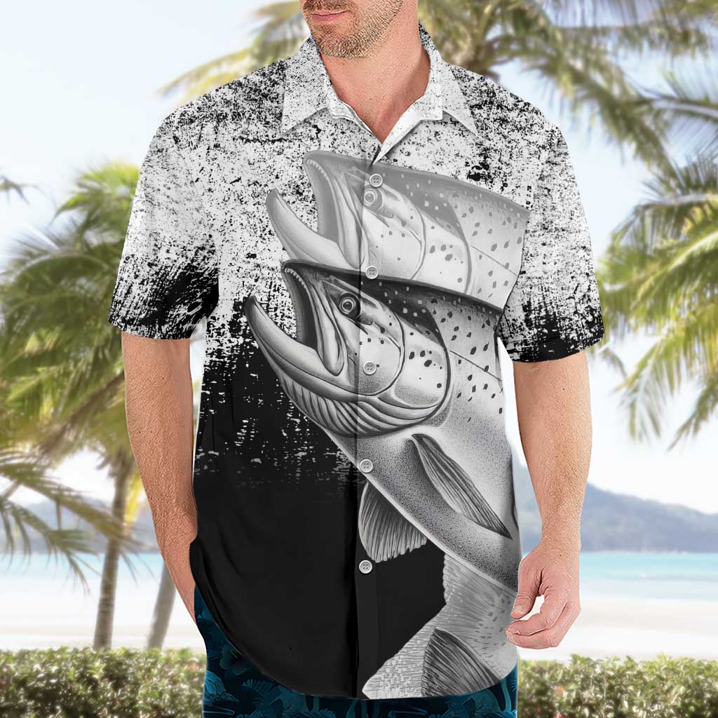 Custom Black and White King Salmon Fishing Hawaiian Shirt with Trout Fish Design Black and White Grunge Style - Wonder Print Shop