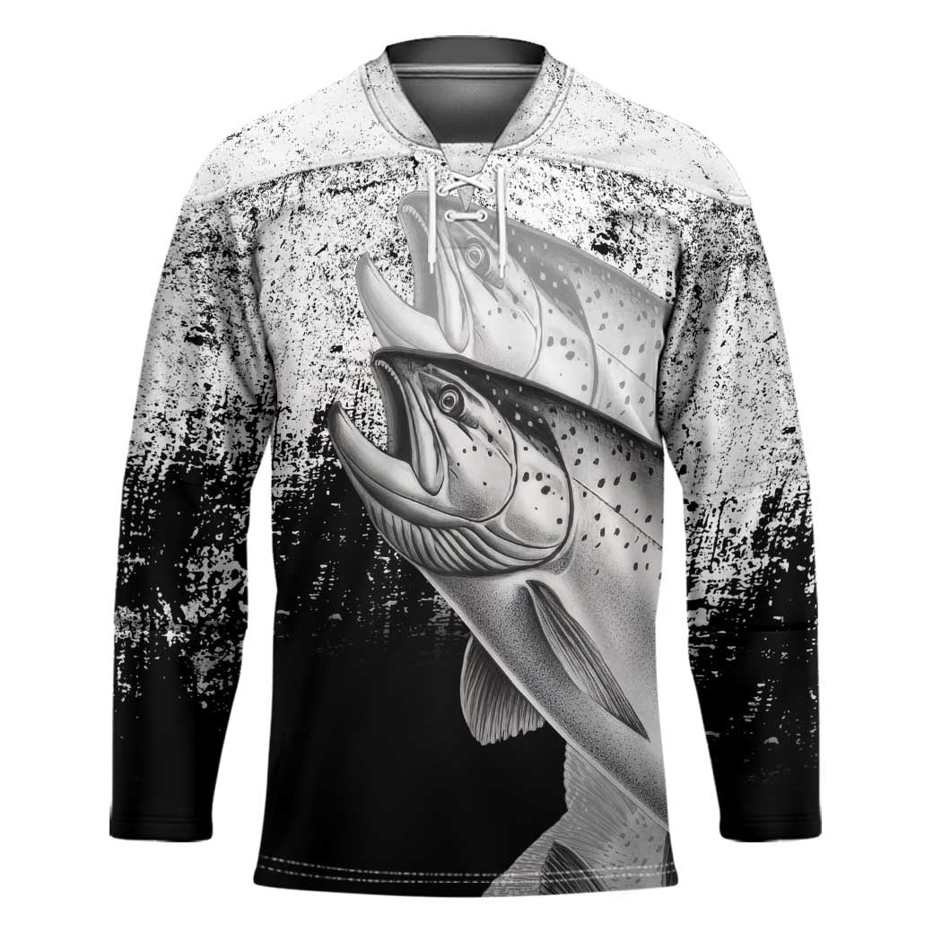 Custom Black and White King Salmon Fishing Hockey Jersey with Trout Fish Design Black and White Grunge Style - Wonder Print Shop