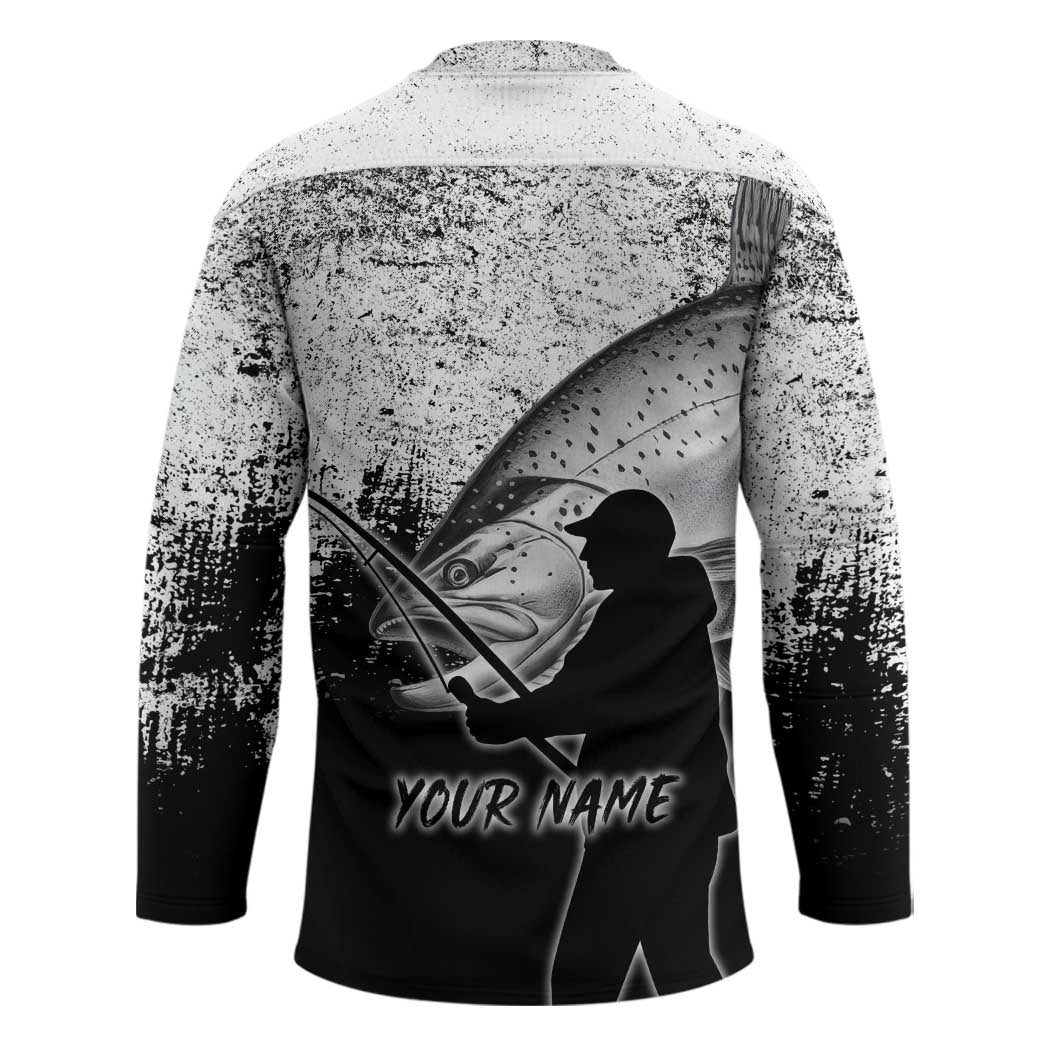 Custom Black and White King Salmon Fishing Hockey Jersey with Trout Fish Design Black and White Grunge Style - Wonder Print Shop
