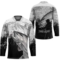 Custom Black and White King Salmon Fishing Hockey Jersey with Trout Fish Design Black and White Grunge Style - Wonder Print Shop