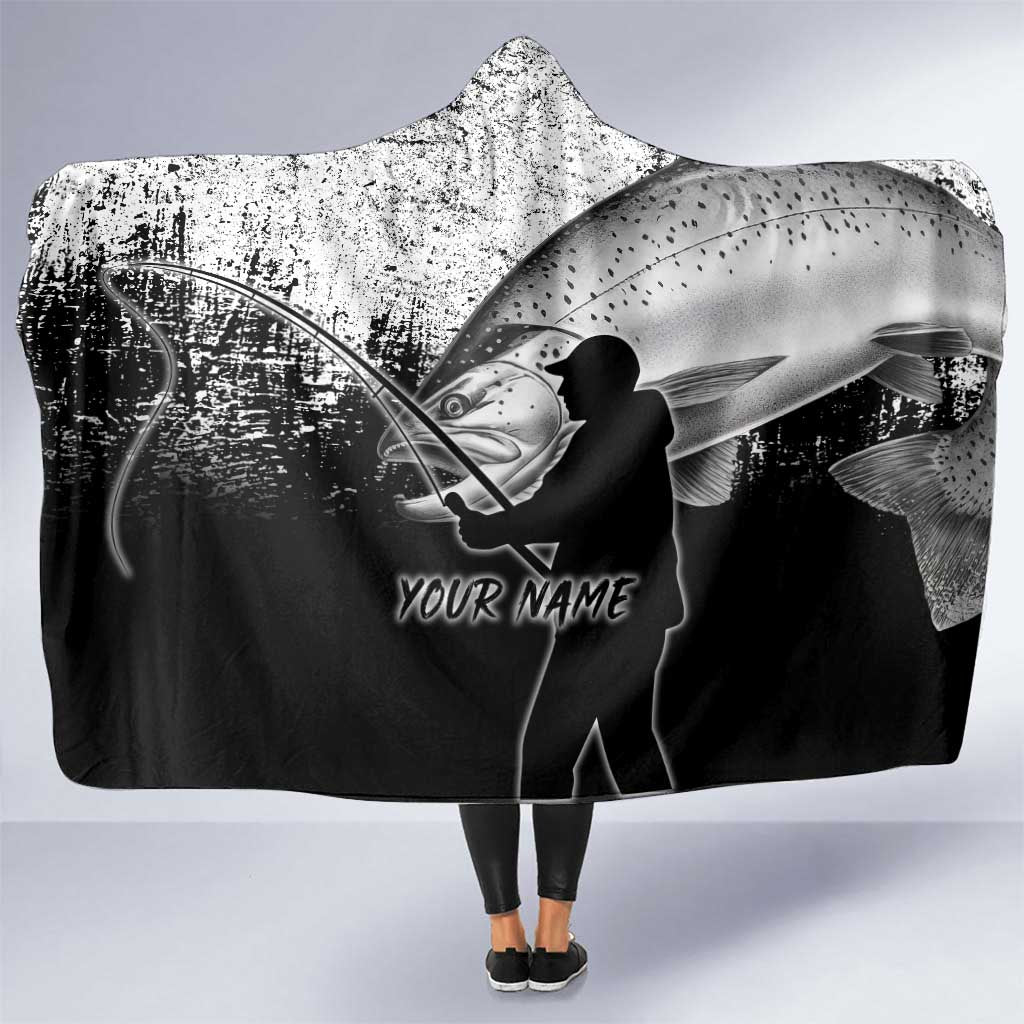 Custom Black and White King Salmon Fishing Hooded Blanket with Trout Fish Design Black and White Grunge Style - Wonder Print Shop