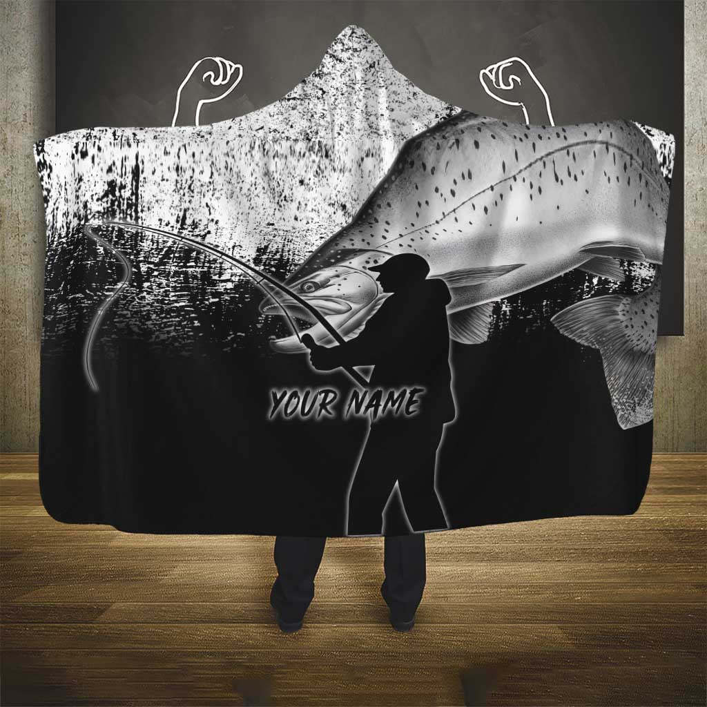 Custom Black and White King Salmon Fishing Hooded Blanket with Trout Fish Design Black and White Grunge Style - Wonder Print Shop