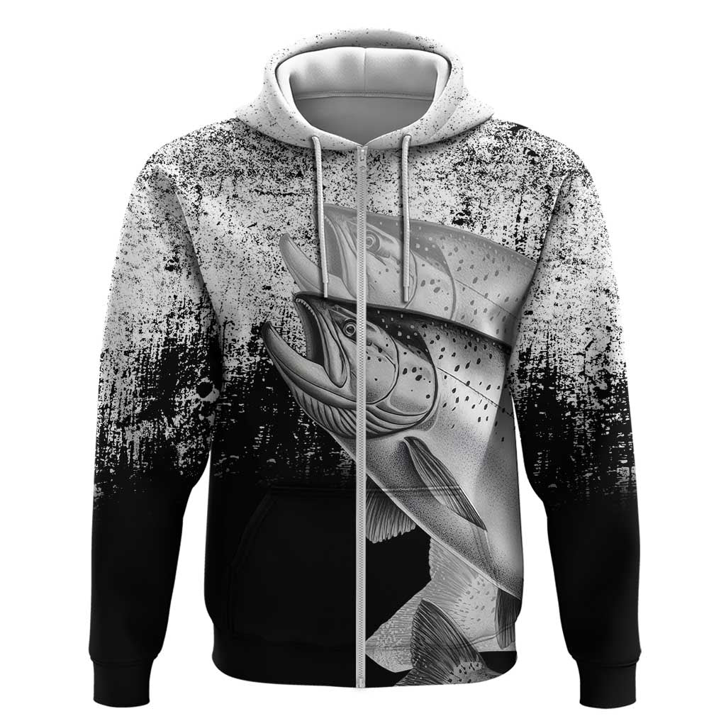 Custom Black and White King Salmon Fishing Hoodie with Trout Fish Design Black and White Grunge Style - Wonder Print Shop