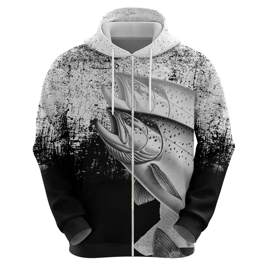 Custom Black and White King Salmon Fishing Hoodie with Trout Fish Design Black and White Grunge Style - Wonder Print Shop