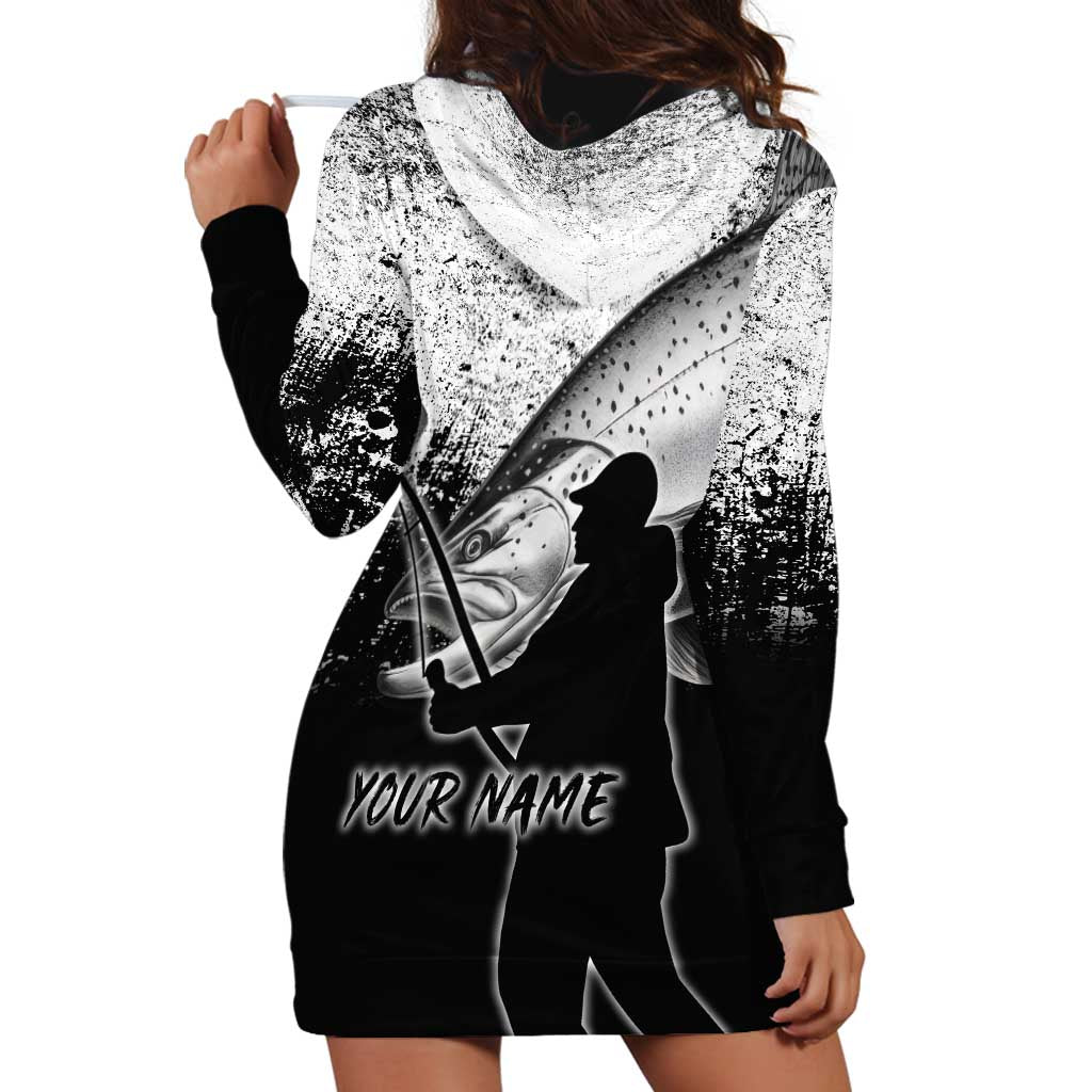 Custom Black and White King Salmon Fishing Hoodie Dress with Trout Fish Design Black and White Grunge Style - Wonder Print Shop