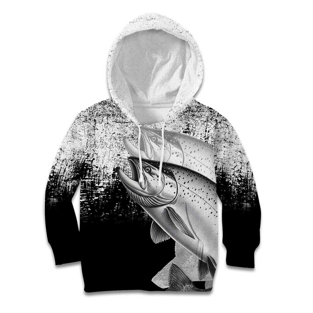 Custom Black and White King Salmon Fishing Kid Hoodie with Trout Fish Design Black and White Grunge Style - Wonder Print Shop