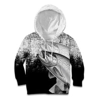 Custom Black and White King Salmon Fishing Kid Hoodie with Trout Fish Design Black and White Grunge Style - Wonder Print Shop
