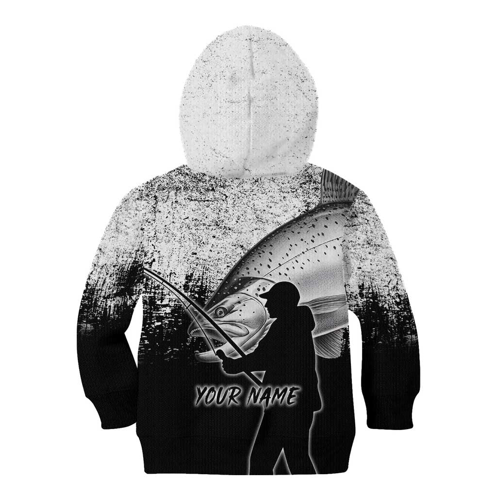 Custom Black and White King Salmon Fishing Kid Hoodie with Trout Fish Design Black and White Grunge Style - Wonder Print Shop