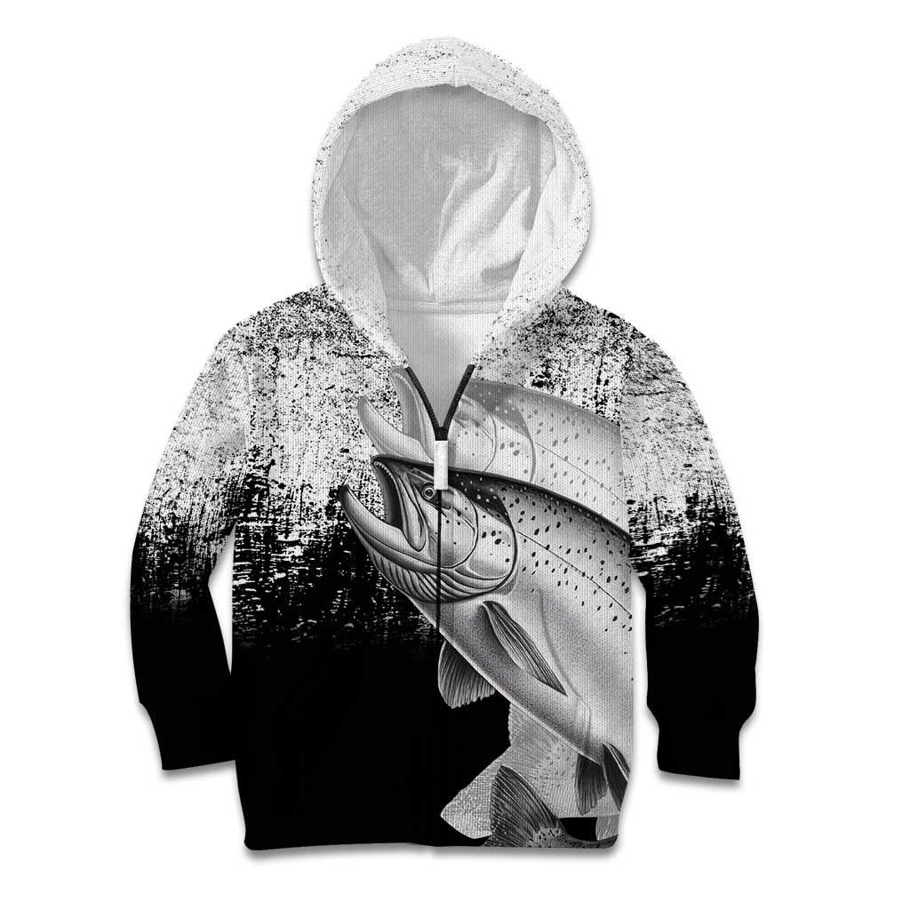 Custom Black and White King Salmon Fishing Kid Hoodie with Trout Fish Design Black and White Grunge Style - Wonder Print Shop