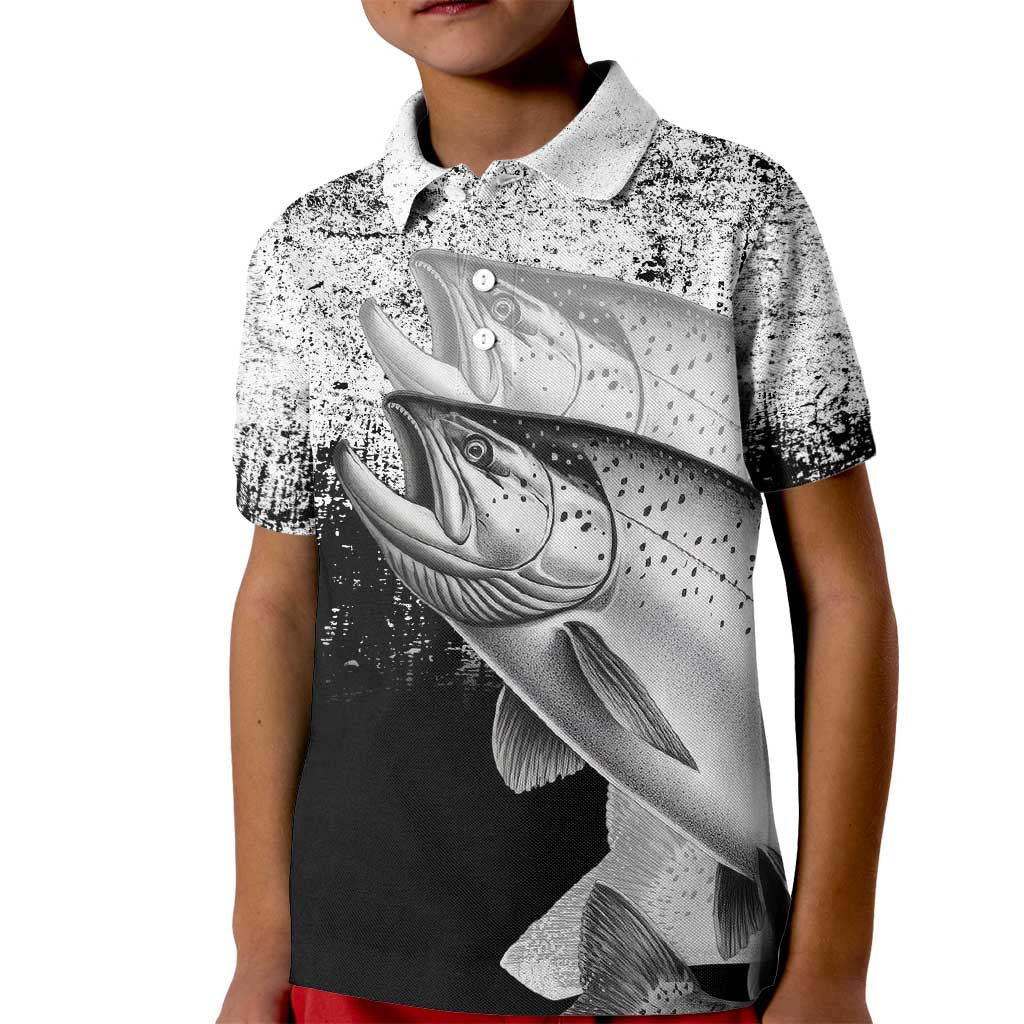 Custom Black and White King Salmon Fishing Kid Polo Shirt with Trout Fish Design Black and White Grunge Style - Wonder Print Shop