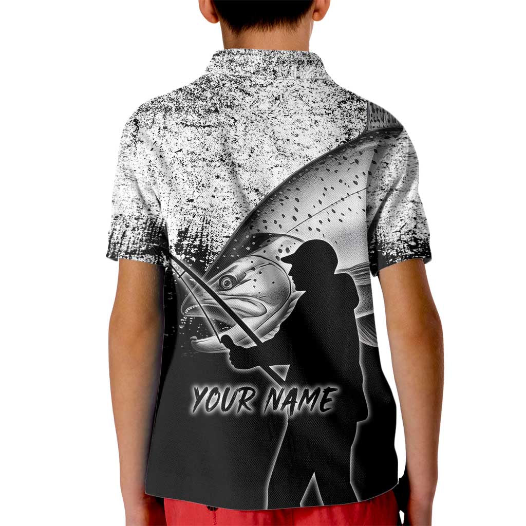 Custom Black and White King Salmon Fishing Kid Polo Shirt with Trout Fish Design Black and White Grunge Style - Wonder Print Shop