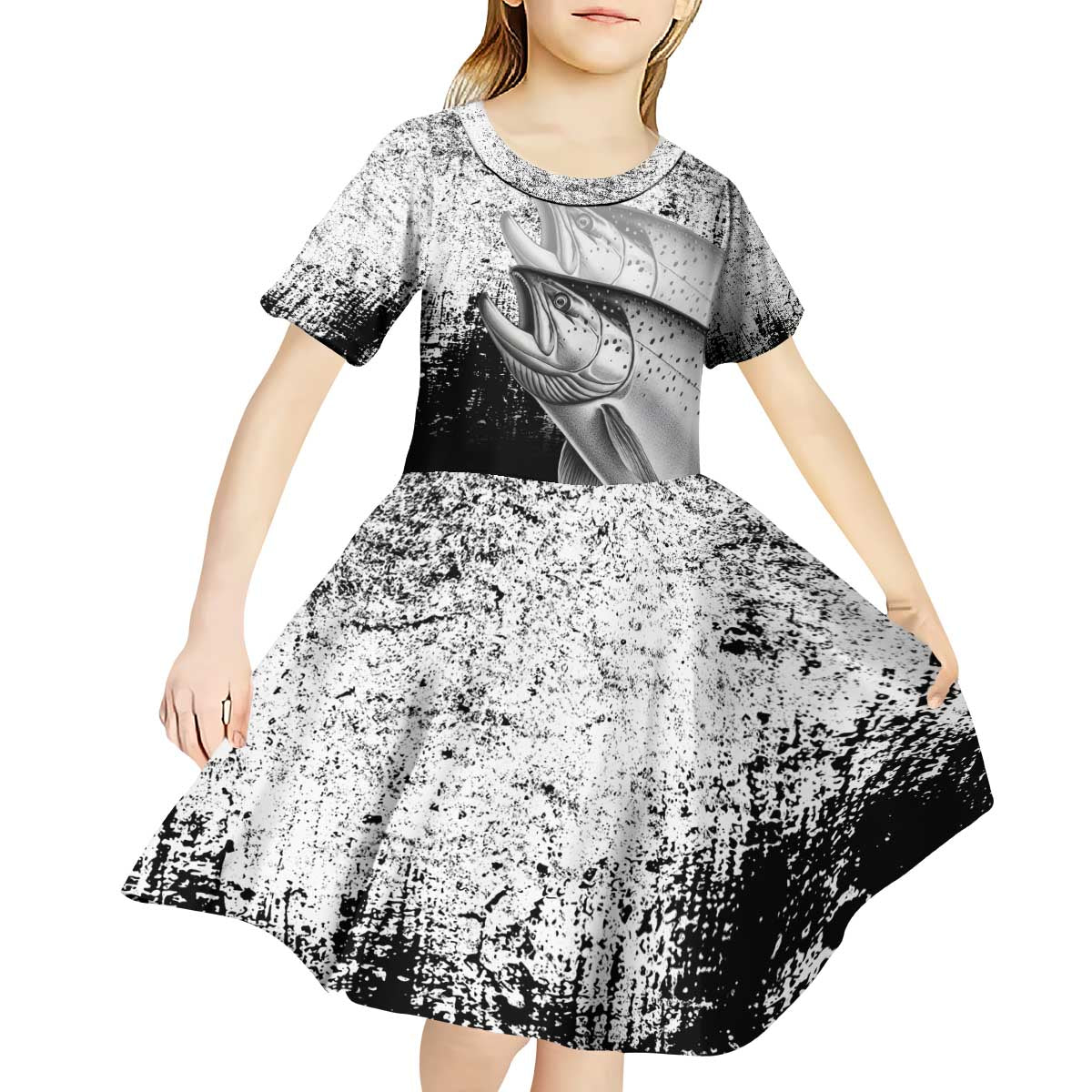 Custom Black and White King Salmon Fishing Kid Short Sleeve Dress with Trout Fish Design Black and White Grunge Style - Wonder Print Shop