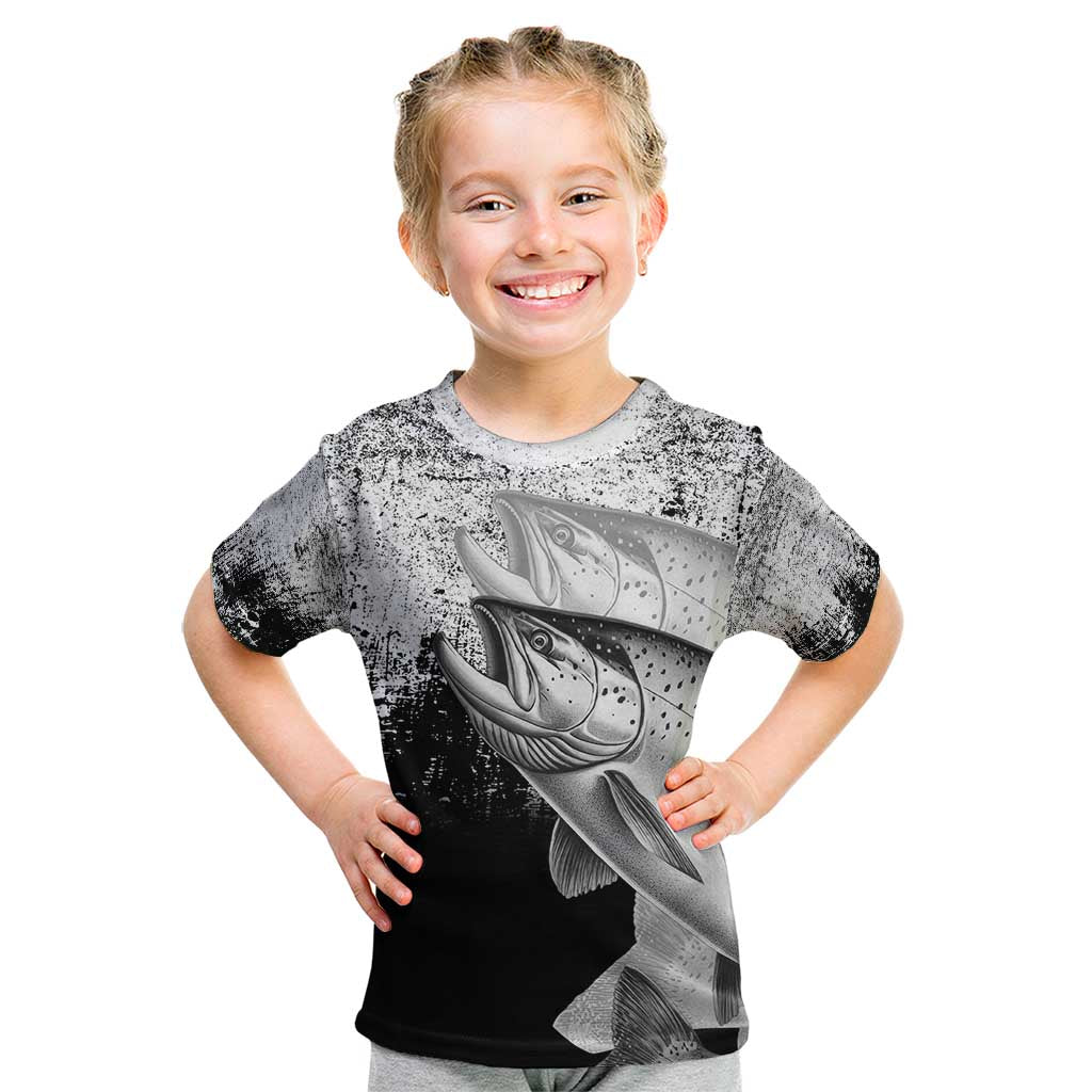 Custom Black and White King Salmon Fishing Kid T Shirt with Trout Fish Design Black and White Grunge Style - Wonder Print Shop