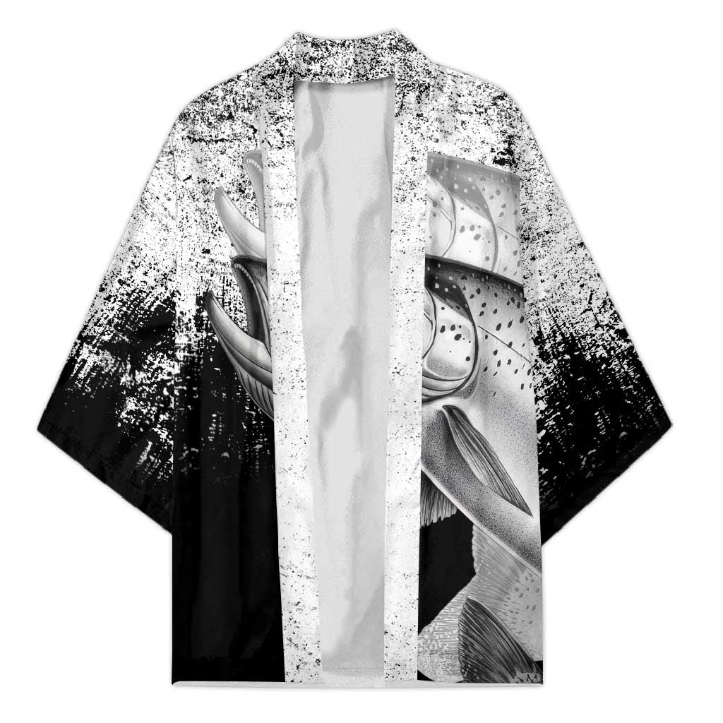 Custom Black and White King Salmon Fishing Kimono with Trout Fish Design Black and White Grunge Style - Wonder Print Shop